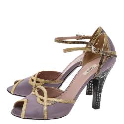 Pre Owned Prada Purple/Yellow Satin and Lizard Crystal Heels Embellished Ankle Strap Sandals Size 37