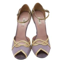 Pre Owned Prada Purple/Yellow Satin and Lizard Crystal Heels Embellished Ankle Strap Sandals Size 37