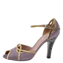 Pre Owned Prada Purple/Yellow Satin and Lizard Crystal Heels Embellished Ankle Strap Sandals Size 37
