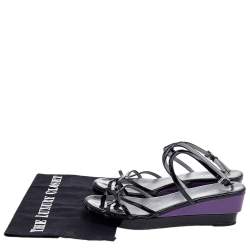 Prada Black Patent Leather Ankle Strap Wedge Sandals Size 38.5