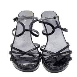 Prada Black Patent Leather Ankle Strap Wedge Sandals Size 38.5