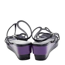 Prada Black Patent Leather Ankle Strap Wedge Sandals Size 38.5