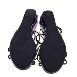 Prada Black Patent Leather Ankle Strap Wedge Sandals Size 38.5
