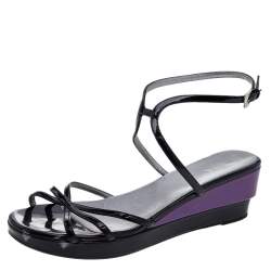 Prada Black Patent Leather Ankle Strap Wedge Sandals Size 38.5