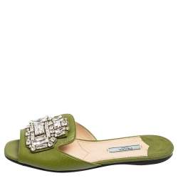 Pre Owned Prada Green Patent Leather Flat Slides Size 37.5
