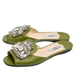 Pre Owned Prada Green Patent Leather Flat Slides Size 37.5
