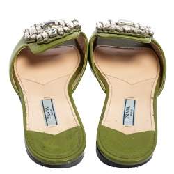 Pre Owned Prada Green Patent Leather Flat Slides Size 37.5