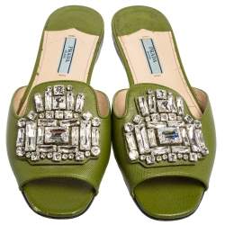 Pre Owned Prada Green Patent Leather Flat Slides Size 37.5