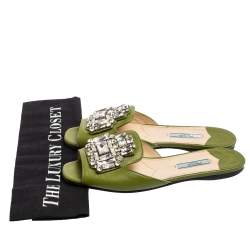 Pre Owned Prada Green Patent Leather Flat Slides Size 37.5