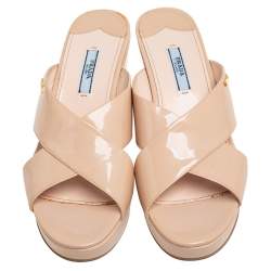 Pre Owned Prada Beige Patent Leather Wedge Platform Sandal Size 39