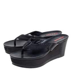 Pre Owned Prada Black Canvas and Leather Wedge  Slides Size 38.5