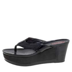 Pre Owned Prada Black Canvas and Leather Wedge  Slides Size 38.5