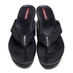 Pre Owned Prada Black Canvas and Leather Wedge  Slides Size 38.5