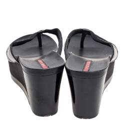 Pre Owned Prada Black Canvas and Leather Wedge  Slides Size 38.5
