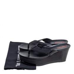 Pre Owned Prada Black Canvas and Leather Wedge  Slides Size 38.5