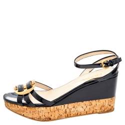 Prada Black Patent Leather Cork Wedge Platform Ankle Strap Sandals Size 39
