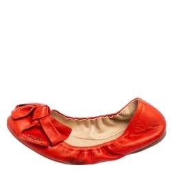 Prada Coral Red Leather Bow Logo Scrunch Ballet Flats Size 38