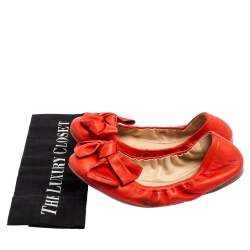 Prada Coral Red Leather Bow Logo Scrunch Ballet Flats Size 38