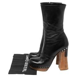 Pre Owned Prada Black Leather Studded Wooden Heel Mid-Calf Boots Size 37.5
