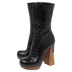Pre Owned Prada Black Leather Studded Wooden Heel Mid-Calf Boots Size 37.5