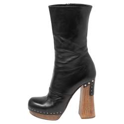 Pre Owned Prada Black Leather Studded Wooden Heel Mid-Calf Boots Size 37.5