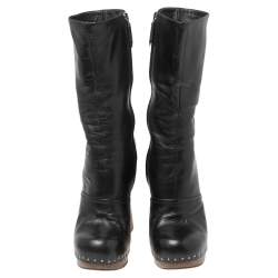 Pre Owned Prada Black Leather Studded Wooden Heel Mid-Calf Boots Size 37.5