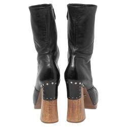 Pre Owned Prada Black Leather Studded Wooden Heel Mid-Calf Boots Size 37.5