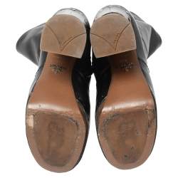 Pre Owned Prada Black Leather Studded Wooden Heel Mid-Calf Boots Size 37.5