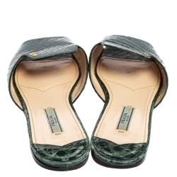 Pre Owned Prada Bottle Green Croc Embossed Leather Flat Slides Size 38