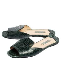 Pre Owned Prada Bottle Green Croc Embossed Leather Flat Slides Size 38