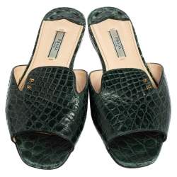 Pre Owned Prada Bottle Green Croc Embossed Leather Flat Slides Size 38