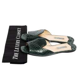 Pre Owned Prada Bottle Green Croc Embossed Leather Flat Slides Size 38