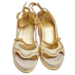 Pre Owned Prada Gold/Cream Glossy Leather Fairy Block Heel Sandals Size 41