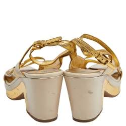 Pre Owned Prada Gold/Cream Glossy Leather Fairy Block Heel Sandals Size 41
