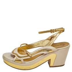 Pre Owned Prada Gold/Cream Glossy Leather Fairy Block Heel Sandals Size 41