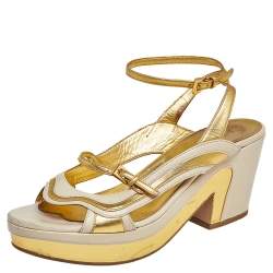 Pre Owned Prada Gold/Cream Glossy Leather Fairy Block Heel Sandals Size 41