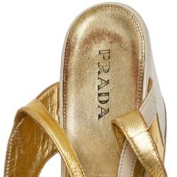 Pre Owned Prada Gold/Cream Glossy Leather Fairy Block Heel Sandals Size 41