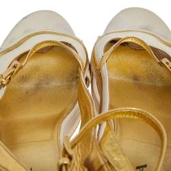 Pre Owned Prada Gold/Cream Glossy Leather Fairy Block Heel Sandals Size 41