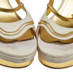 Pre Owned Prada Gold/Cream Glossy Leather Fairy Block Heel Sandals Size 41