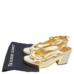 Pre Owned Prada Gold/Cream Glossy Leather Fairy Block Heel Sandals Size 41