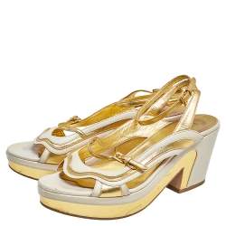 Pre Owned Prada Gold/Cream Glossy Leather Fairy Block Heel Sandals Size 41