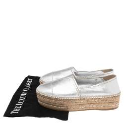 Pre Owned Prada Silver Leather Platform Flat Espadrilles Size 37