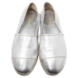 Pre Owned Prada Silver Leather Platform Flat Espadrilles Size 37