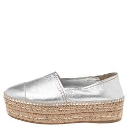 Pre Owned Prada Silver Leather Platform Flat Espadrilles Size 37