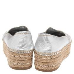 Pre Owned Prada Silver Leather Platform Flat Espadrilles Size 37