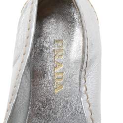 Pre Owned Prada Silver Leather Platform Flat Espadrilles Size 37