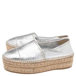 Pre Owned Prada Silver Leather Platform Flat Espadrilles Size 37