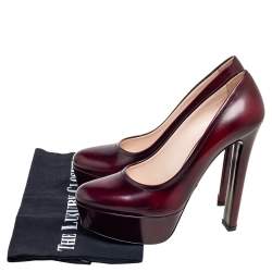 Pre Owned Prada Burgundy Leather Platform Block Heel Pumps Size 37