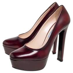 Pre Owned Prada Burgundy Leather Platform Block Heel Pumps Size 37