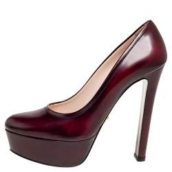 Pre Owned Prada Burgundy Leather Platform Block Heel Pumps Size 37